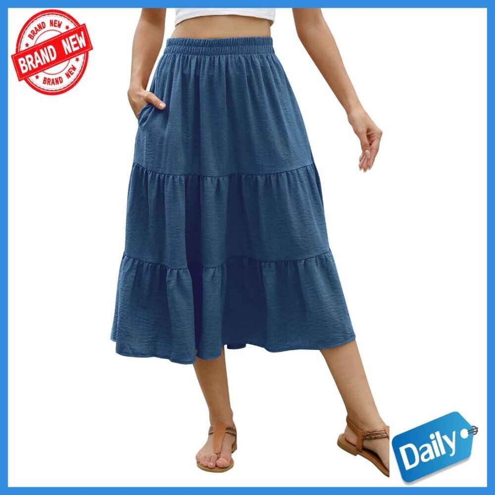 Floral Midi Skirt with Pockets High Elastic Waist Flowy Ruffle Summer Boho